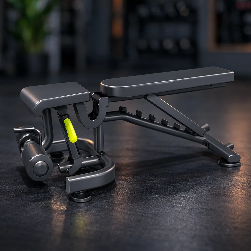Commercial adjustable gym bench for strength training in a professional gym.