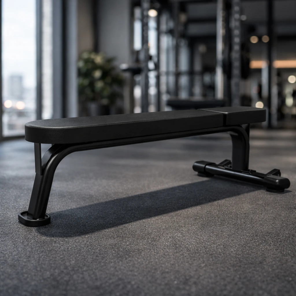 Commercial flat gym bench for strength training in a professional gym.