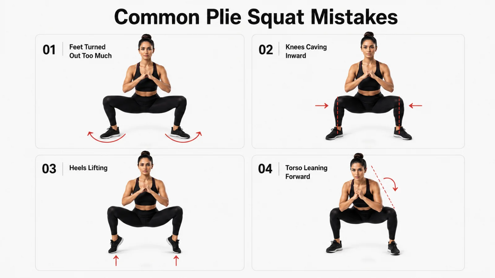 Common plie squat mistakes including excessive foot turnout, knees caving inward, heels lifting, and torso leaning forward