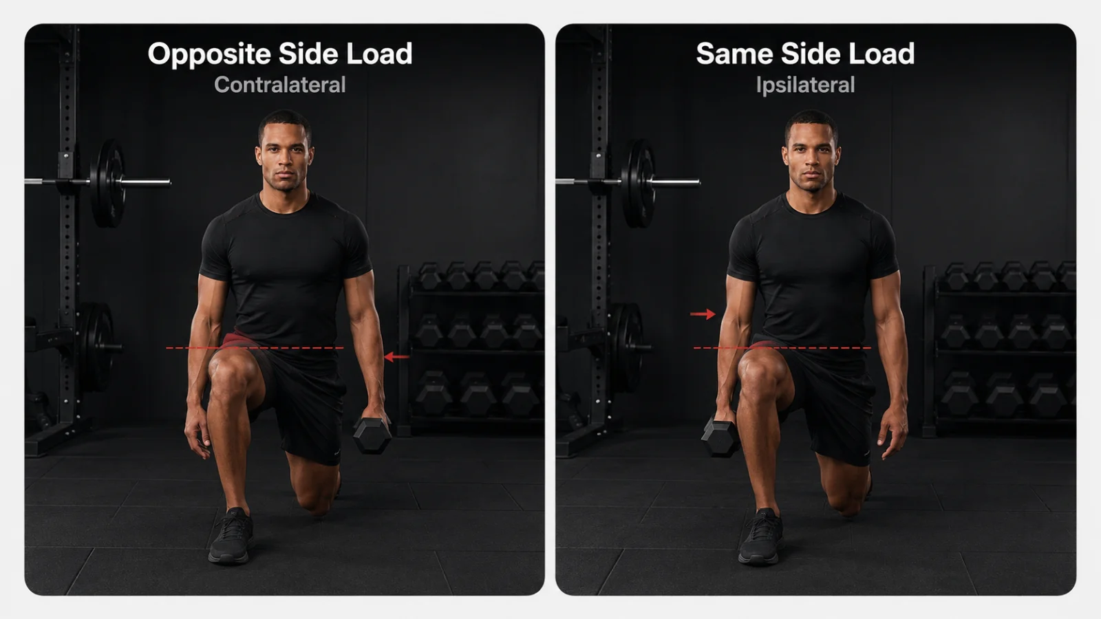 Contralateral and ipsilateral dumbbell walking lunge loading comparison showing hip and core stability