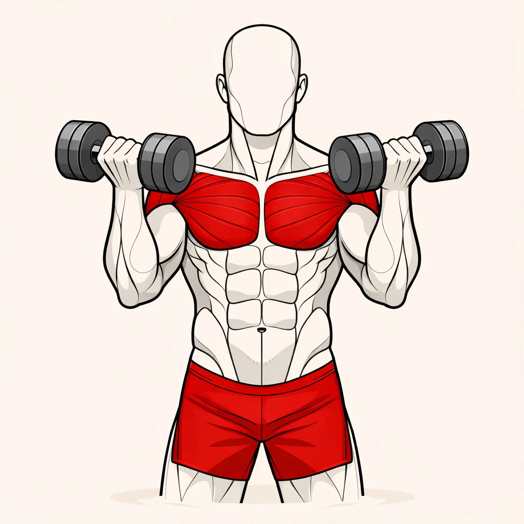 Dumbbell exercises category illustration showing a front-view dumbbell hold with highlighted chest and shoulder muscles.