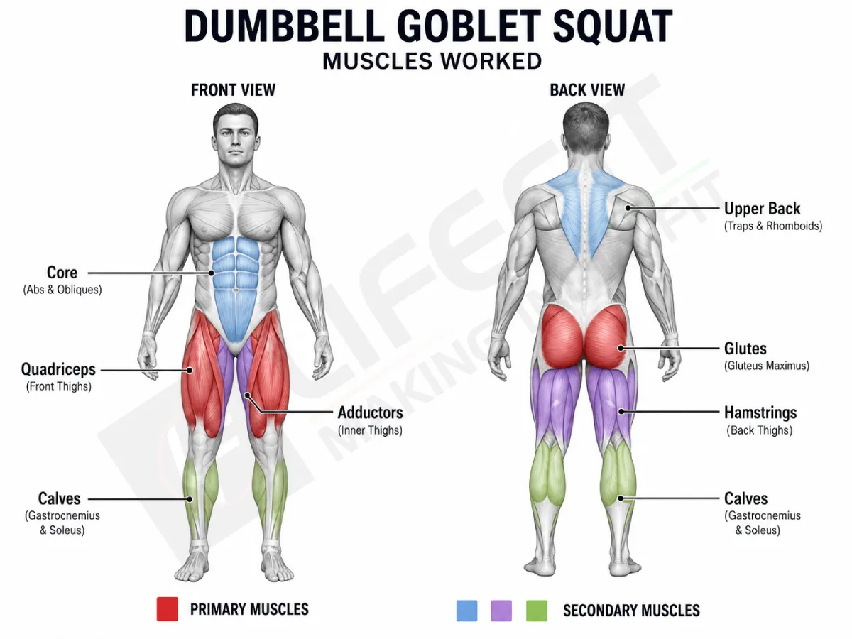 Front and back anatomy illustration showing the primary and secondary muscles worked during a dumbbell goblet squat, including quadriceps, glutes, hamstrings, calves, adductors, core, and upper back.