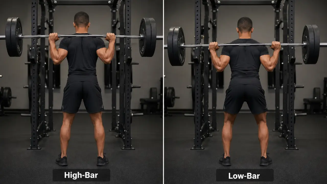 Back view comparison showing high-bar and low-bar back squat bar placement on the upper traps and rear delts