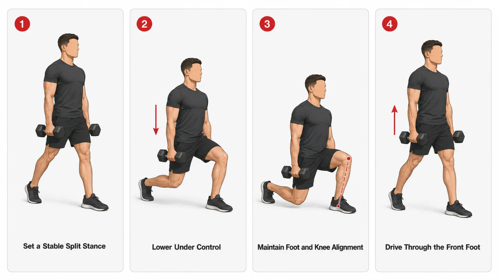 Four-step illustration showing dumbbell split squat setup, descent, bottom position and ascent.