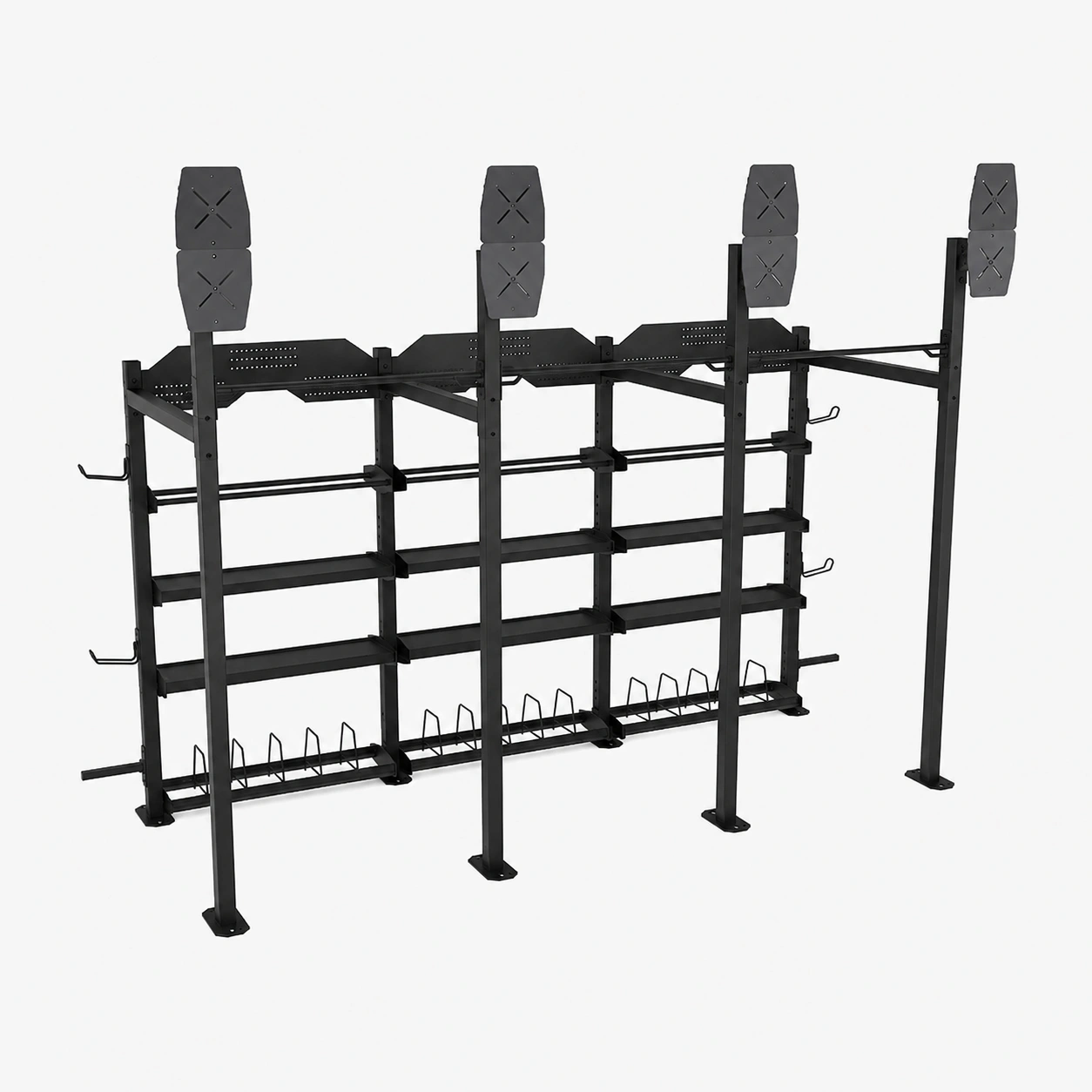 Hybrid training storage rack with wall ball targets and pull-up bars