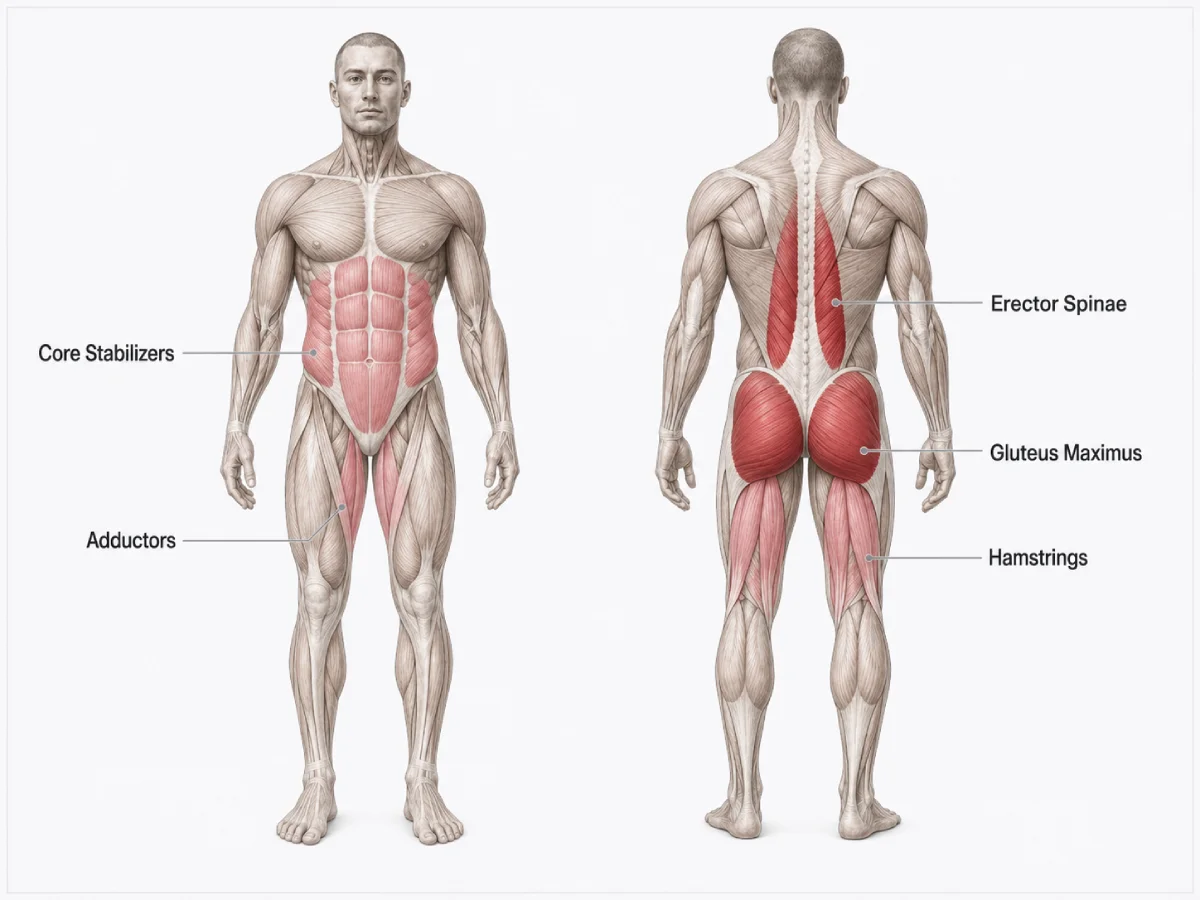Anatomical illustration showing the Erector Spinae, glutes, hamstrings and supporting muscles used during hyperextensions