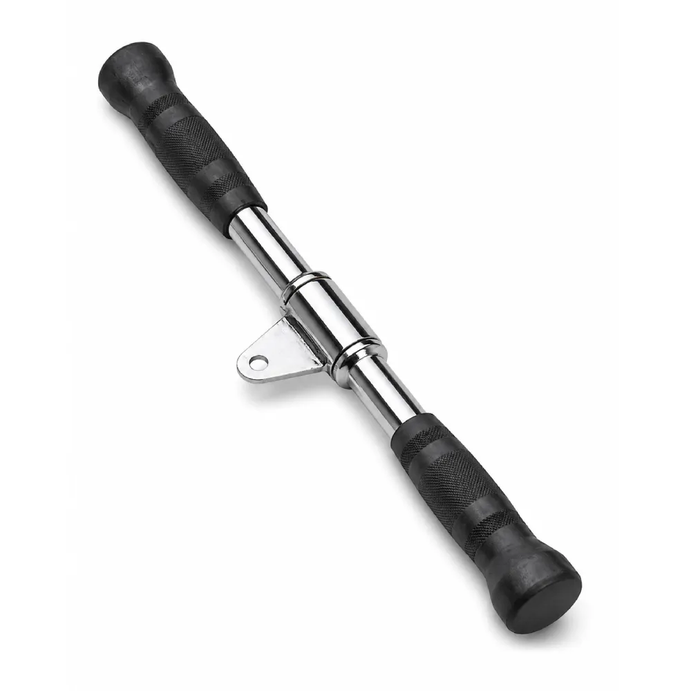 LIFE FIT revolving straight bar cable attachment with chrome steel body and black textured rubber grips for cable machine workouts.