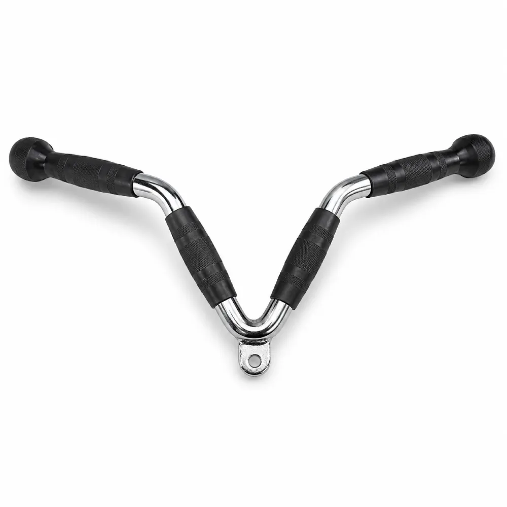 LIFE FIT Triceps V Bar front view with chrome body, black rubber grips, and central eyelet
