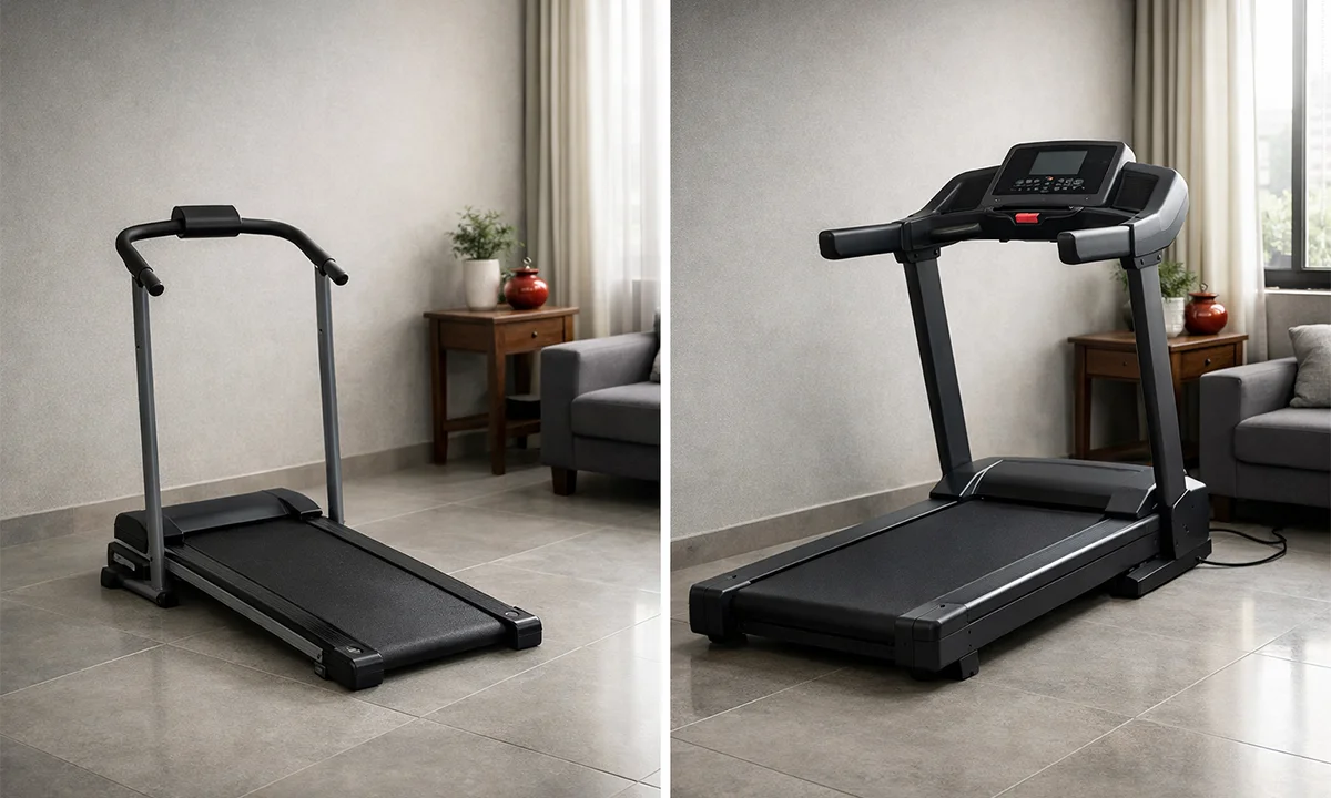 Manual and motorized treadmills shown side by side in an Indian apartment to illustrate differences for home use.