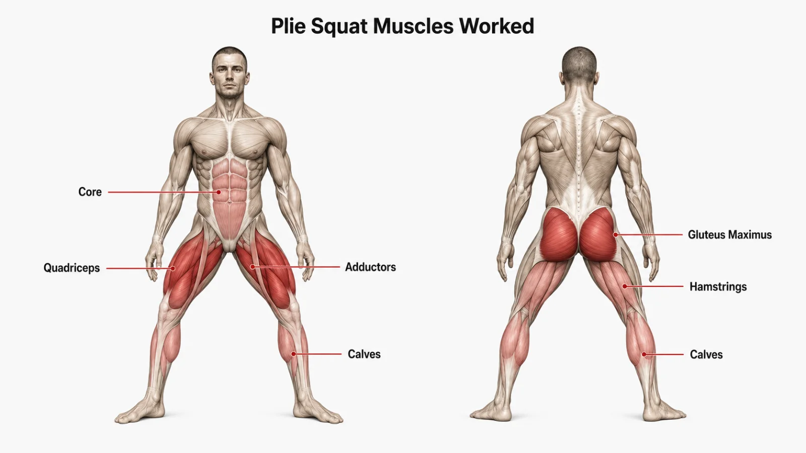 Plie squat muscles worked illustration highlighting adductors, glutes, quadriceps, hamstrings, calves, and core