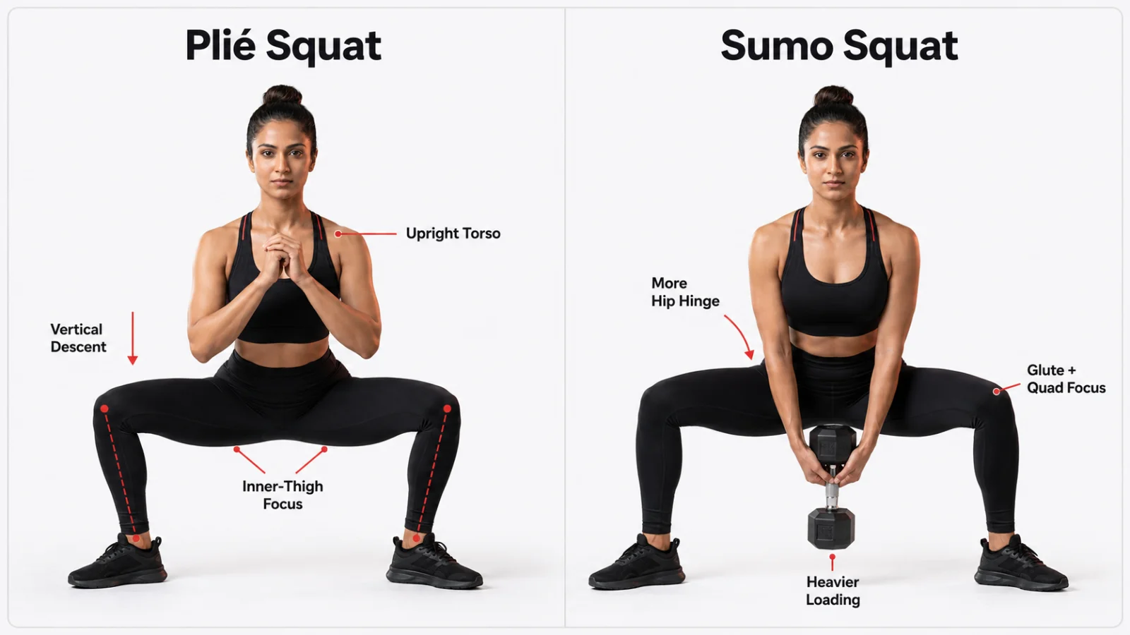 Plie squat vs sumo squat comparison showing torso angle, hip hinge, and stance difference