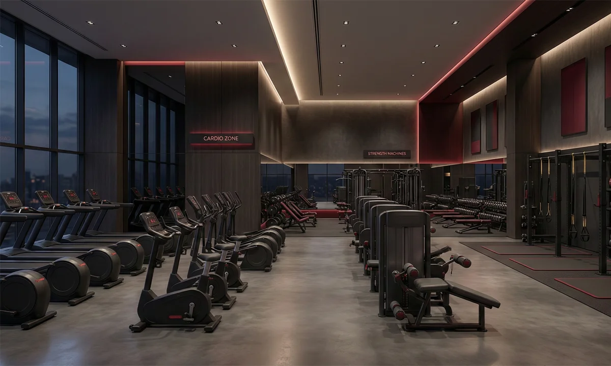 Different types of commercial gym equipment including cardio machines, strength machines, and functional training tools.